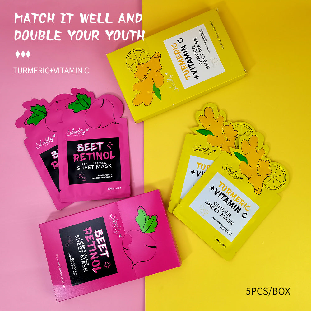 SLEEBTY BEAUTY Beet and Turmeric + Vitamin C Fresh Pressed Sheet Mask Duo